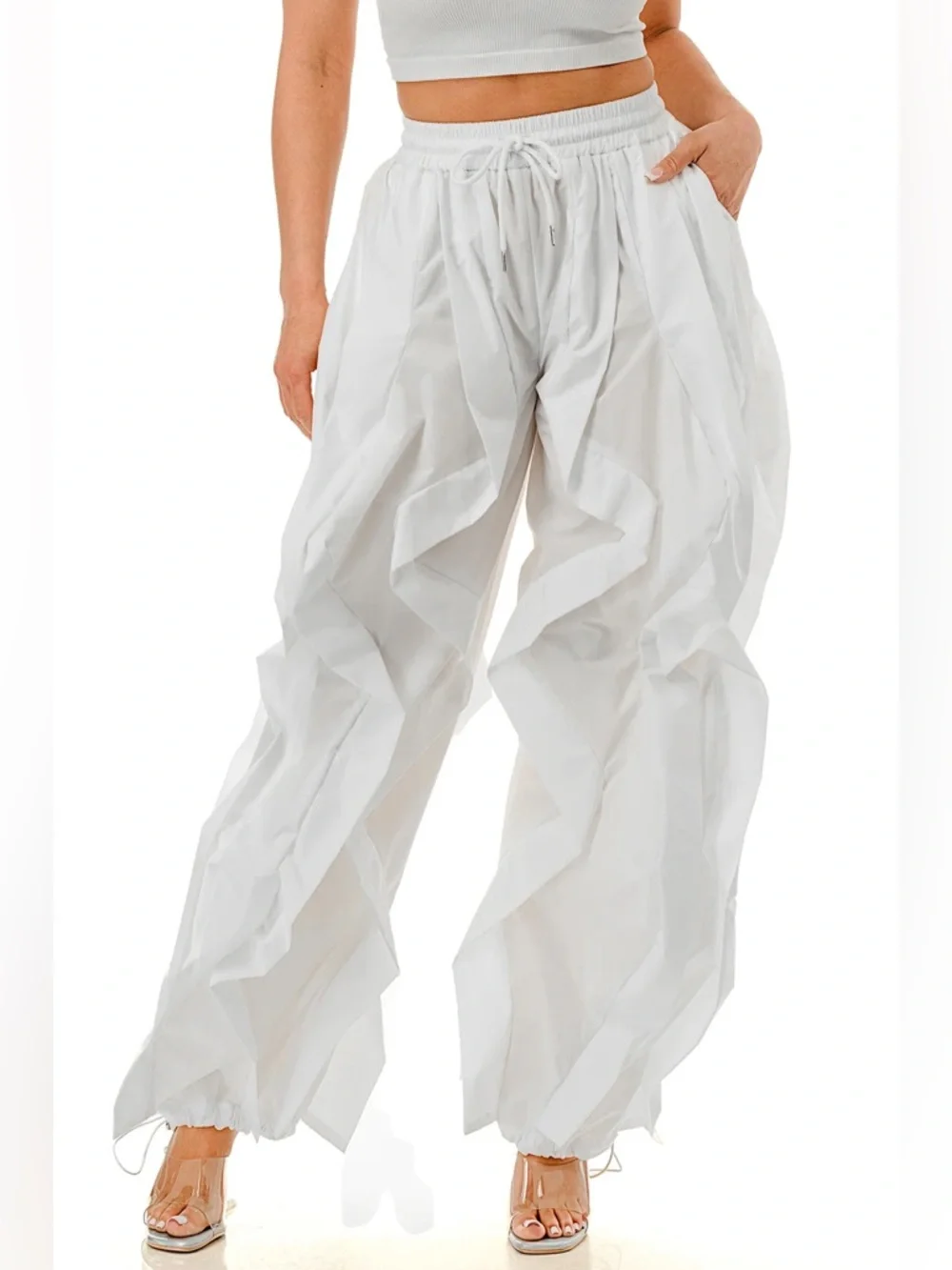Yellow Ruffle Wide-Leg Wavy Drawstring Pants - Picture 16 of 16